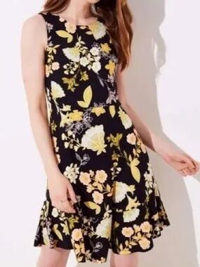 LOFT Black Sleeveless Mini Dress with Yellow & Cream Floral Print